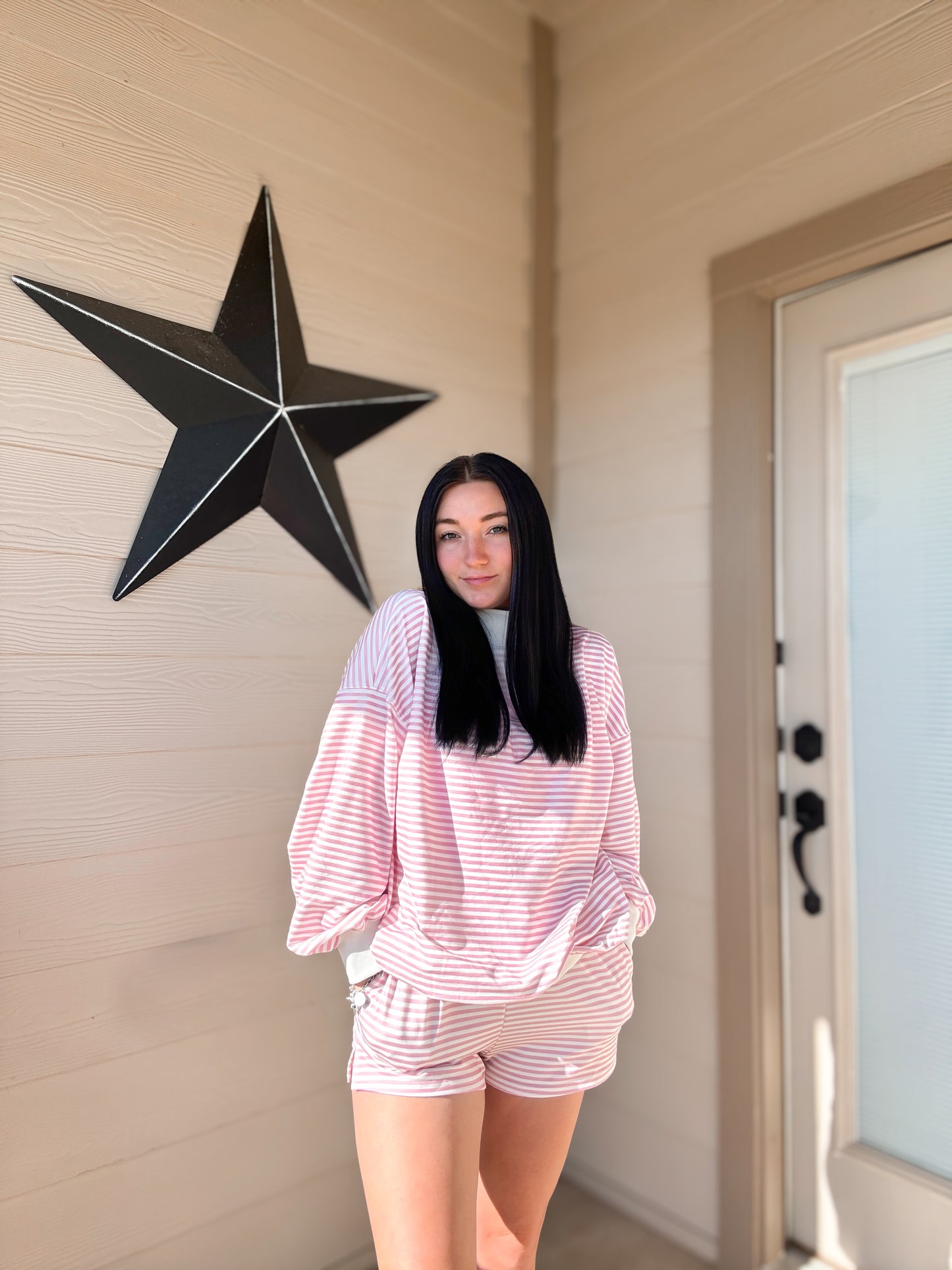 Light Pink Stripped Mock Neck Sweatshirt Set - PREORDER